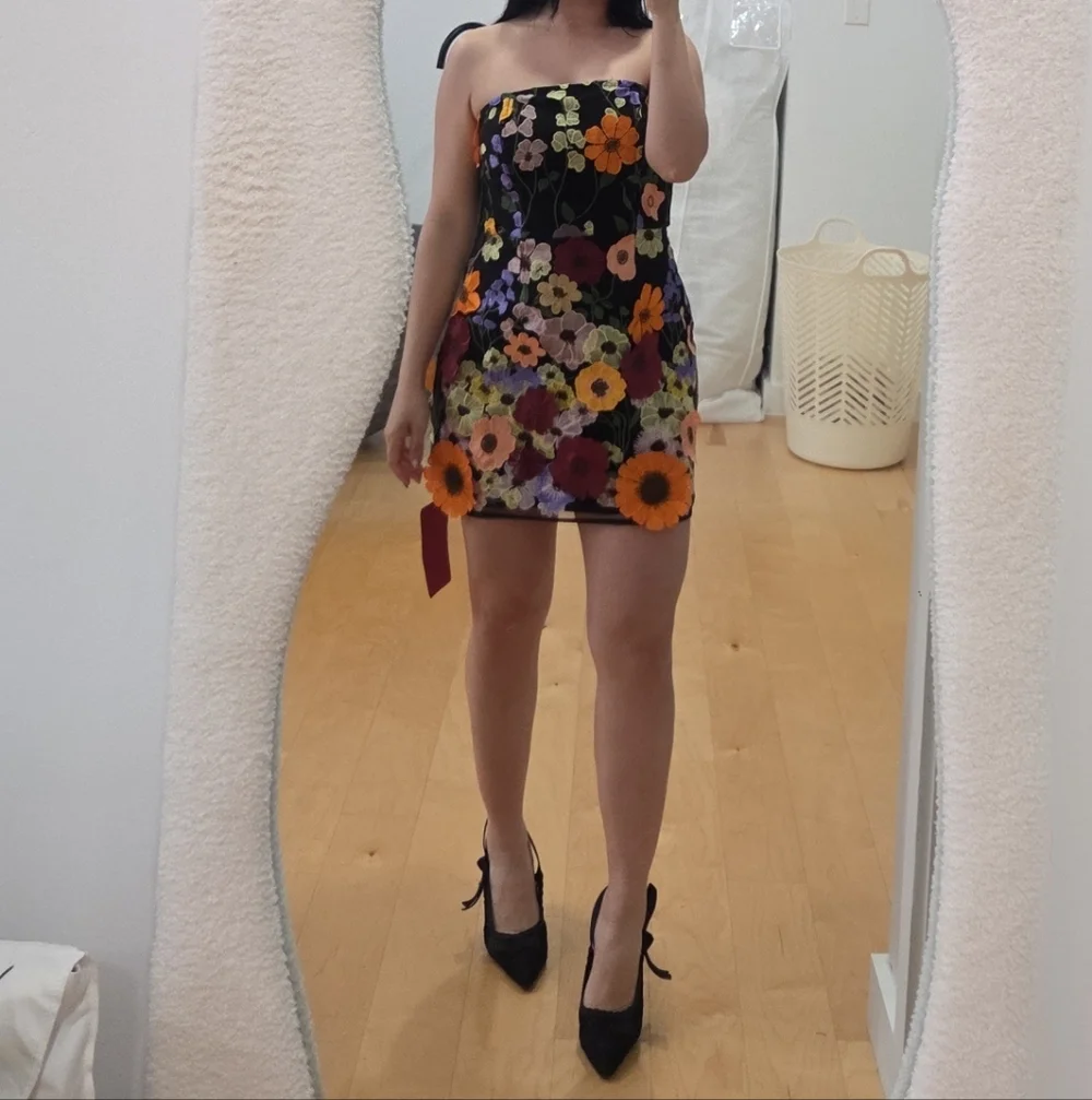 Strapless Floral Mini Dress in Black with Multicolor Blooms - Picture 2 of 2